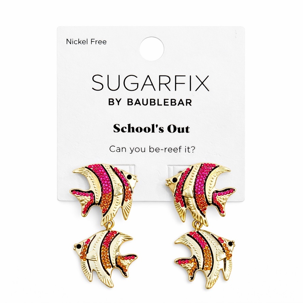 BaubleBar Gold Earrings with Pink and Orange Crystal Fish